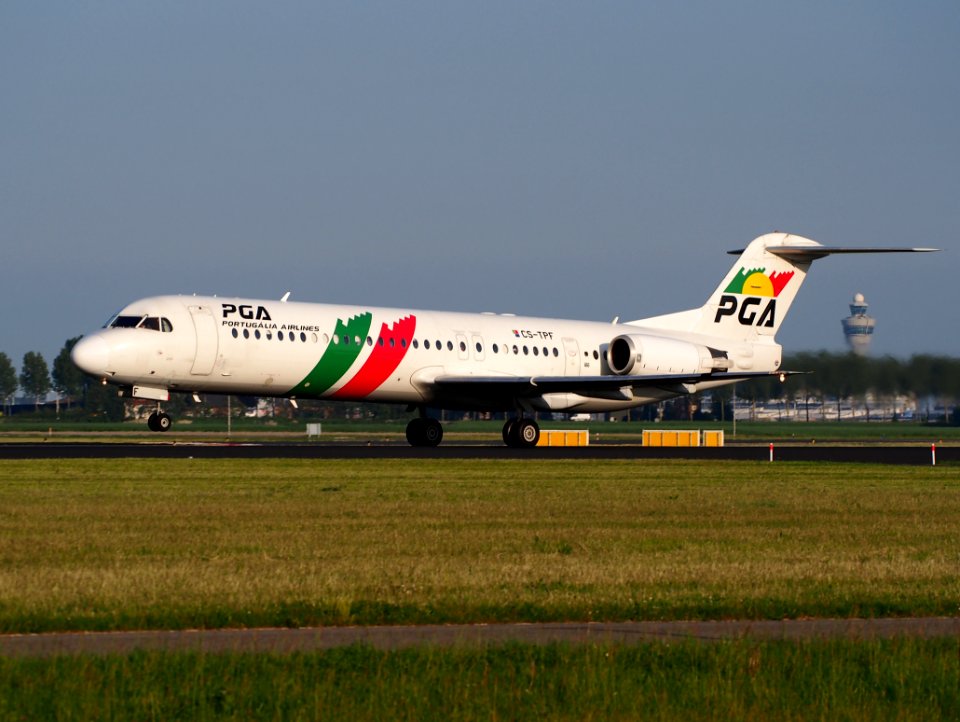 CS-TPF PGA Portugalia Fokker 100 take-off from Schiphol (AMS - EHAM), The Netherlands, 17may2014, pic-1