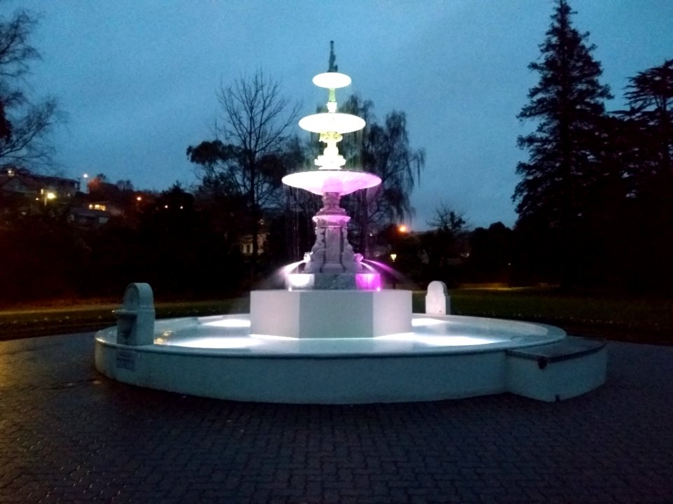 Craig's Fountain, Oamaru Public Gardens - 2018-06-10 - 3 - Lit up at night