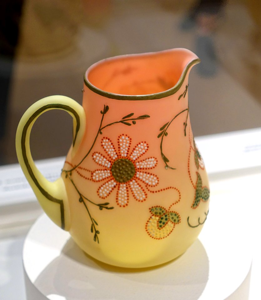 Creamer in embroidery lace pattern, Mount Washington Glass Company, New Bedford, Massachusetts, 1886-1890, Burmese blown glass with enamel decoration - Peabody Essex Museum - DSC07281