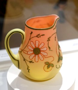 Creamer in embroidery lace pattern, Mount Washington Glass Company, New Bedford, Massachusetts, 1886-1890, Burmese blown glass with enamel decoration - Peabody Essex Museum - DSC07281