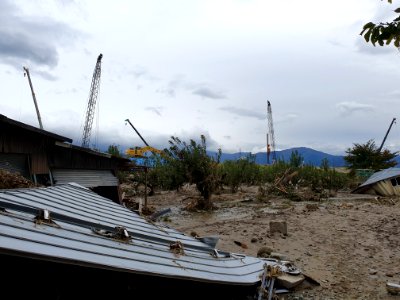 Cranes rebuilding broken river bank photo