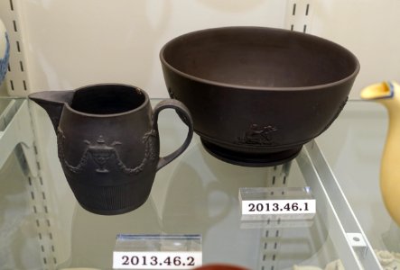 Cream pot and punch bowl, E. J. Birch and Co., Shelton, Staffordshire, England, 1796-1814, black basalt stoneware, HD 2013.40 - Flynt Center of Early New England Life - Deerfield, Massachusetts - DSC04698