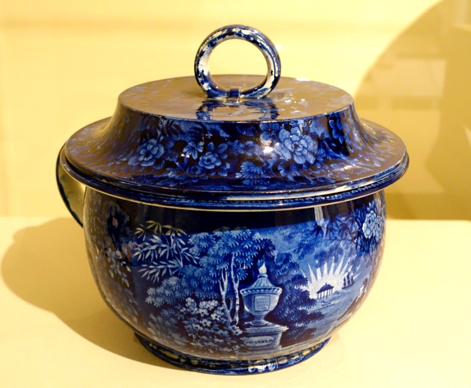Covered chamber pot with depiction of Lafayette at Franklin's Tomb, Enoch Wood and Sons, Burslem, England, c. 1824-1840, earthenware - Concord Museum - Concord, MA - DSC05896