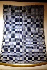 Coverlet in Queen's Delight pattern, hand woven by Sally Thayer (1787-1859), Readsboro VT, c. 1820, wool and linen - Bennington Museum - Bennington, VT - DSC09136
