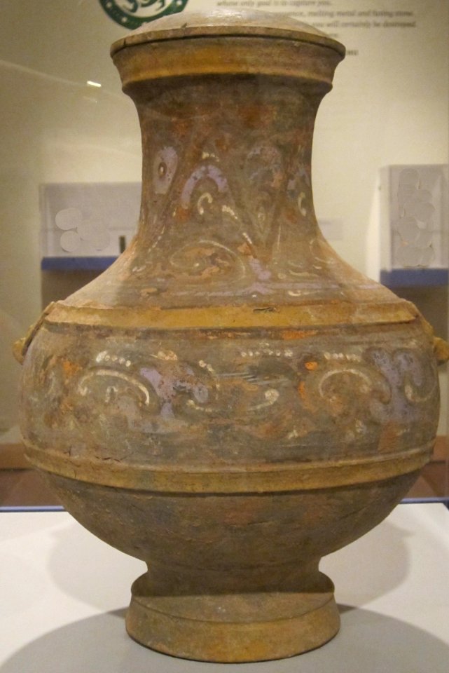 Covered vessel (hu), Han dynasty, painted earthenware with polychrome, Honolulu Museum of Art