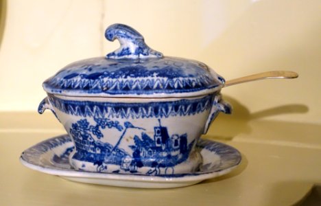 Covered tureen with stand, Staffordshire, England, 1830-1850, earthenware with transfer-printed decoration - Concord Museum - Concord, MA - DSC05756