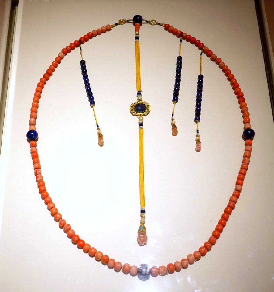 Court necklace, probably Imperial Workshop, Beijing, China, 1700s or 1800s AD, coral, lapis lazuli, sapphire, pearls, tourmaline, kingfisher feather, metal, silk - Peabody Essex Museum - DSC07845