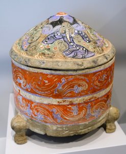 Covered Cylindrical Zun Wine Container with Decoration of Fantastic Animals, view 1, China, Western Han period, 2nd-1st century BC, earthenware - Arthur M. Sackler Museum, Harvard University - DSC00927