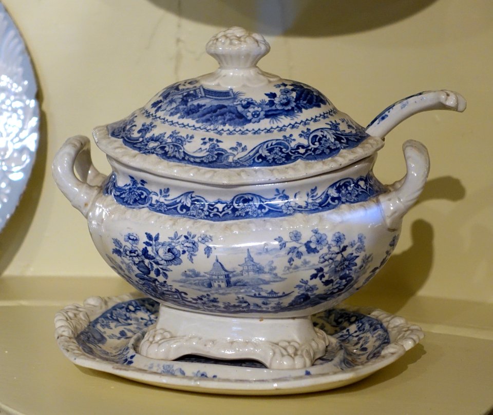 Covered soup tureen with ladle and tray, China, c. 1830, earthenware with transfer-printed decoration - Concord Museum - Concord, MA - DSC05759