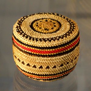 Covered Basket, Makah people, Northwest Washington, undated, twined bear grass, cedar bark, sedge - Chazen Museum of Art - DSC01843