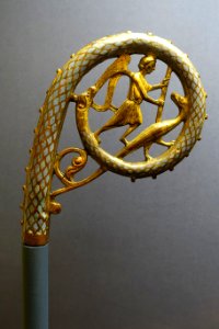 Crook of a bishop's crozier with Archangel Michael fighting a dragon, Limoges, c. 1220-1235, gilt copper with enamel - Museum Schnütgen - Cologne, Germany - DSC09981