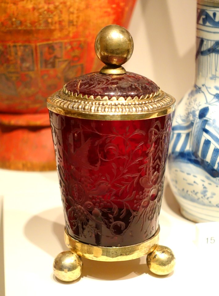 Covered beaker, by Tobias Baur, Augsburg, Germany, 1690s, cut and engraved ruby glass with silver gilt mountings - Nordiska museet - Stockholm, Sweden - DSC09783