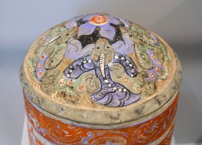 Covered Cylindrical Zun Wine Container with Decoration of Fantastic Animals, view 2, China, Western Han period, 2nd-1st century BC, earthenware - Arthur M. Sackler Museum, Harvard University - DSC00928