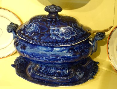 Covered soup tureen with stand, Staffordshire, England, c. 1825, earthenware with transfer-printed decoration - Concord Museum - Concord, MA - DSC05762