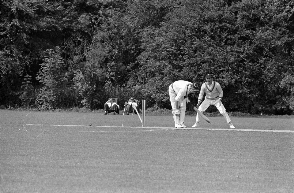 Cricket Nederland tegen Denemarken Wicket geraakt van Mose (Nederland), de bats, Bestanddeelnr 915-3679