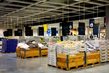 Crates with goods by the checkout area in IKEA Torp Uddevalla