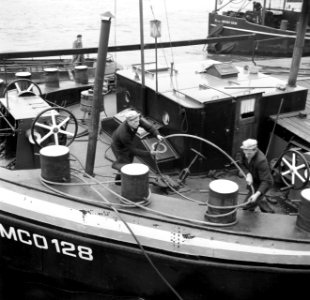 Damco 128 wordt met staalkabels (strangen) aan de sleepboot vastgemaakt, Bestanddeelnr 254-1682
