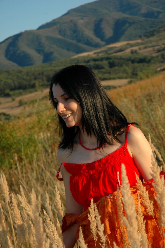 Nature red dress cornfield
