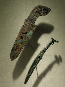 Dagger (ge), Anyang, Henan, China, Shang dynasty, c. 13th century BC, and curved knife (neiwandao), China, c. 120-1027 BC, bronze- San Diego Museum of Art - DSC06446