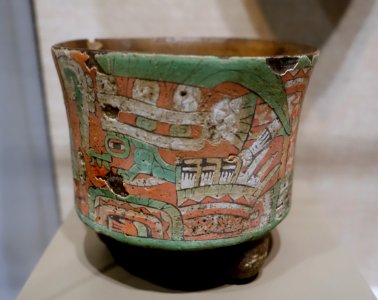 Cylindrical tripod vessel with two goggled figures, Teotihuacan, Mexico state, Teotihuacan III, c. 400-650 AD, ceramic, stucco, paint - Dallas Museum of Art - DSC04611