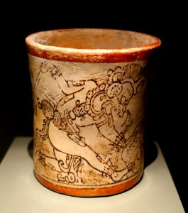 Cylindrical vessel depicting Chac-Xib-Chac and God A in the underworld, Maya, attributed to the Metropolitan Vase Painter, Mexico or Guatemala, Late Classic period, ceramic - Dallas Museum of Art - DSC04646