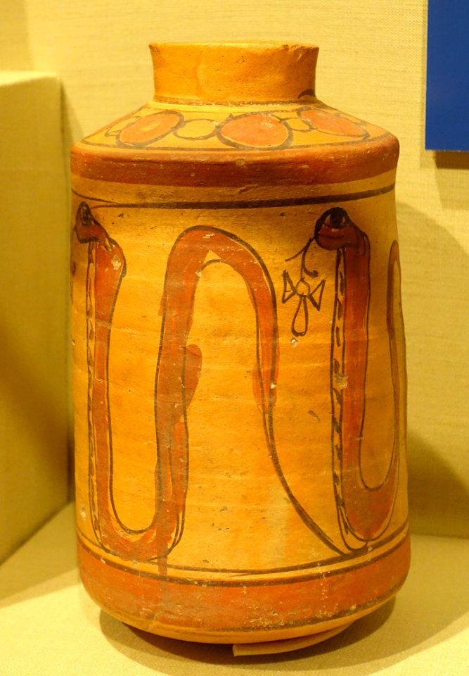 Cylindrical jar with cobras spitting ankhs, Nubia, Ballana, Cemetery B, tomb 130, Meroitic Phase III, 200-250 AD, ceramic, paint - Oriental Institute Museum, University of Chicago - DSC08059
