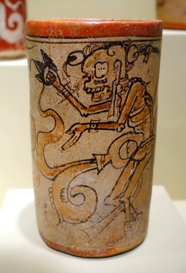 Cylinder vase with scenes from the underworld, Maya, 600-900 AD, ceramic, polychrome slip - Portland Art Museum - Portland, Oregon - DSC09167