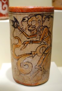 Cylinder vase with scenes from the underworld, Maya, 600-900 AD, ceramic, polychrome slip - Portland Art Museum - Portland, Oregon - DSC09167
