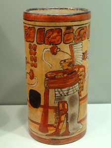 Cylinder Vase with ballgame scene, 650-750 AD, Maya culture, central Peten lowlands, Guatemala, earthenware with polychrome slip - Gardiner Museum, Toronto - DSC01154
