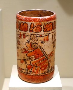 Cylinder vase with seated lord, Maya, ceramic, polychrome slip - Portland Art Museum - Portland, Oregon - DSC09165