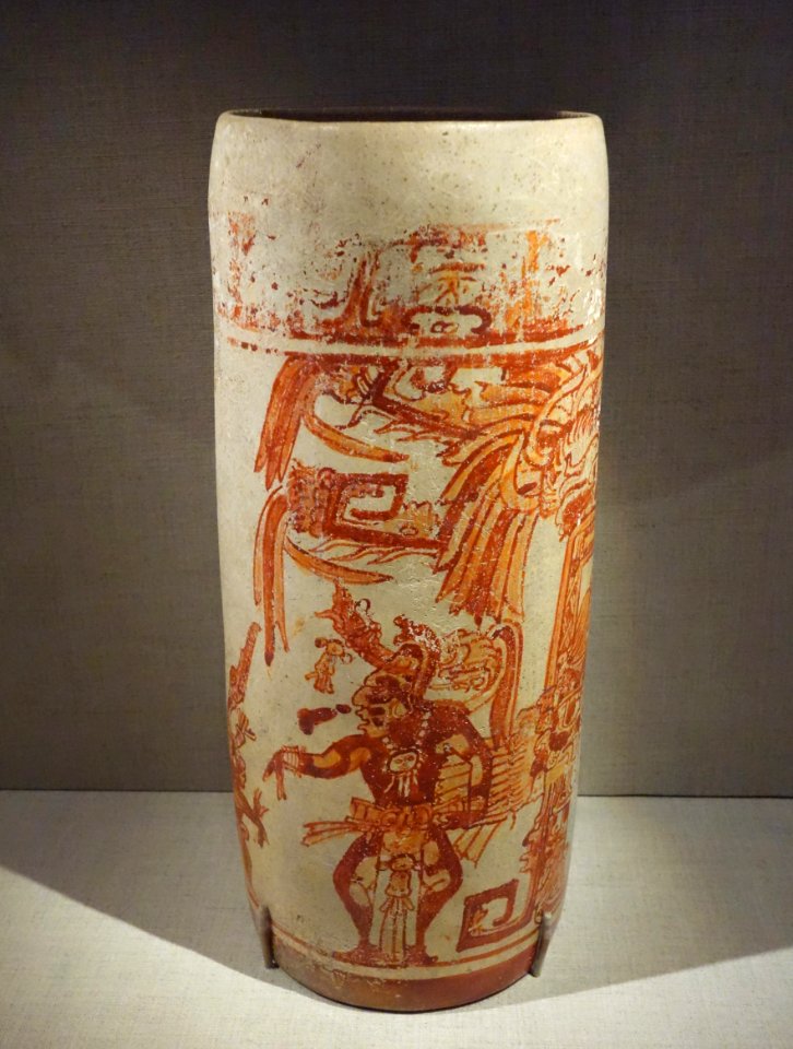 Cylinder vase with dancing Maize God, Mexico, Central Maya area, 600-900 AD, earthenware and pigment - De Young Museum - DSC00681