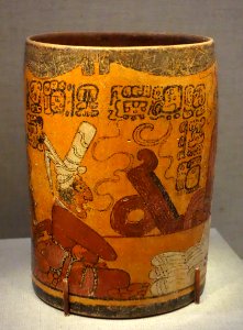 Cylinder vase depicting a ruler with mirror, Mexico, central lowlands, Late Classic Maya, 8th century AD, earthenware and pigment - De Young Museum - DSC00658