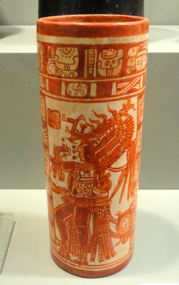 Cylinder Vase with dancing maize god, 675-725 AD, Maya culture, eastern Peten lowlands, Guatemala or Belize, earthenware with slip - Gardiner Museum, Toronto - DSC01183