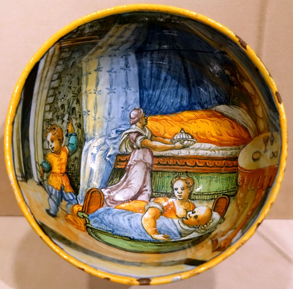 Cup depicting a birthing chamber, Italian, Pesaro, c. 1530, glazed earthenware scodella on high foot - Princeton University Art Museum - DSC06557
