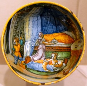 Cup depicting a birthing chamber, Italian, Pesaro, c. 1530, glazed earthenware scodella on high foot - Princeton University Art Museum - DSC06557