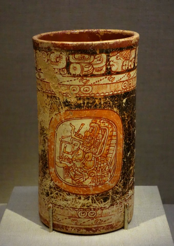 Cylinder vase with a portrait of a deity, Mexico, Late Classic Maya, c. 700 AD, earthenware - De Young Museum - DSC00663
