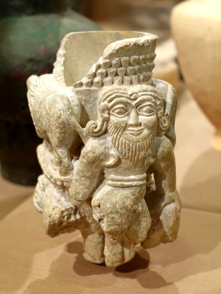 Cup with Nude Hero, Bulls and Lions, Tell Agrab, Shara Temple, Jamdat Nasr to Early Dynastic period, 3000-2600 BC, gypsum - Oriental Institute Museum, University of Chicago - DSC07461