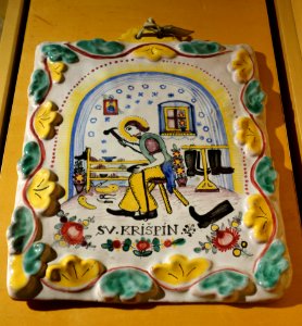 Czech plaque depicting St. Crispin in his workshop, 1941 - Bata Shoe Museum - DSC00288