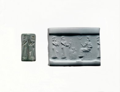 Cylinder seal and modern impression. Worshiper pouring a libation before a seated god,ca. 2112–2004 B.C. Neo-Sumarian Mesopotamia Nippur