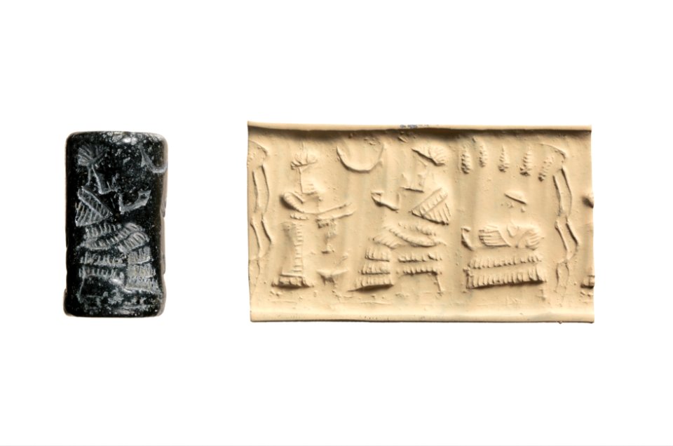 Cylinder seal and modern impression. Worshiper before a seated ruler or deity, seated female under a grape arbor, Old Elamite ca early 2nd millennium BC