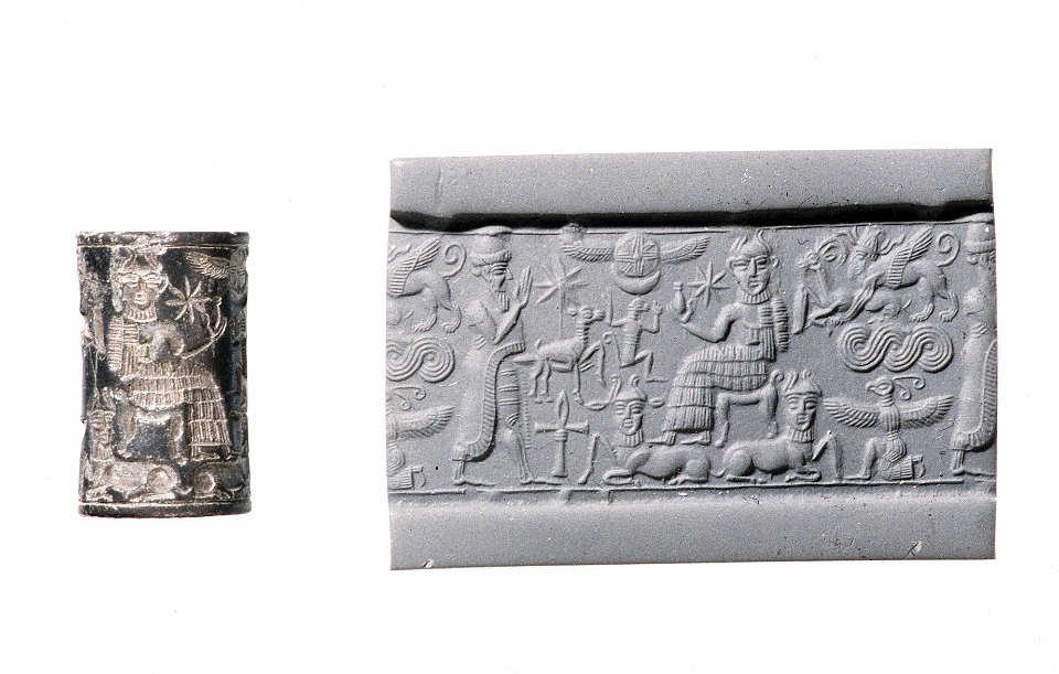 Cylinder seal and modern impression. Royal worshiper before a god on a throne; human-headed bulls below,ca. 1820–1730 B.C. Old Syrian