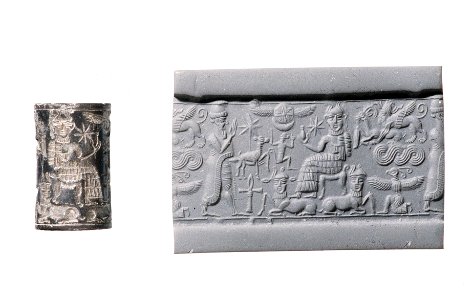 Cylinder seal and modern impression. Royal worshiper before a god on a throne; human-headed bulls below,ca. 1820–1730 B.C. Old Syrian