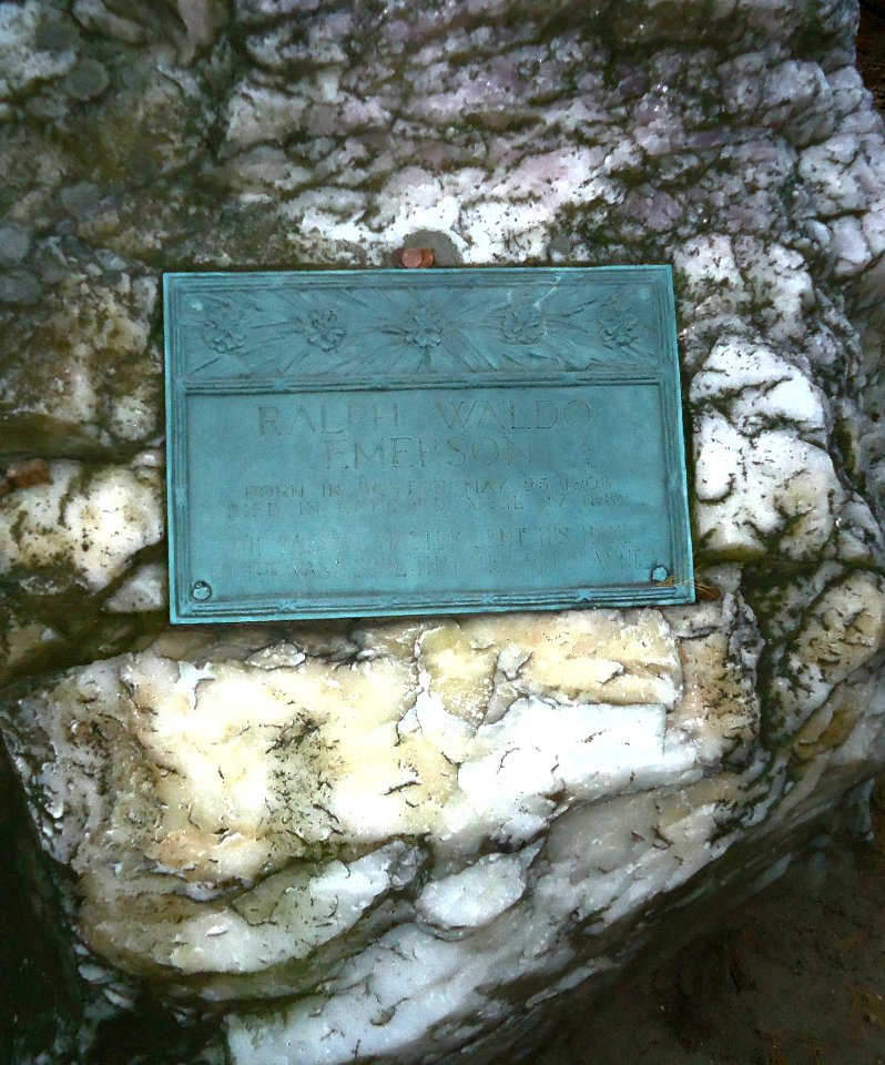 Concord Massachusetts gravesite of Ralph Waldo Emerson with large rock as tombstone