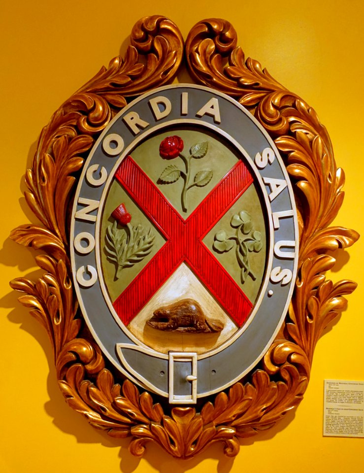 Concordia Salus, Montreal's coat-of-arms, mid 1800s, wood - Château Ramezay - Montreal, Canada - DSC07606