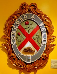 Concordia Salus, Montreal's coat-of-arms, mid 1800s, wood - Château Ramezay - Montreal, Canada - DSC07606