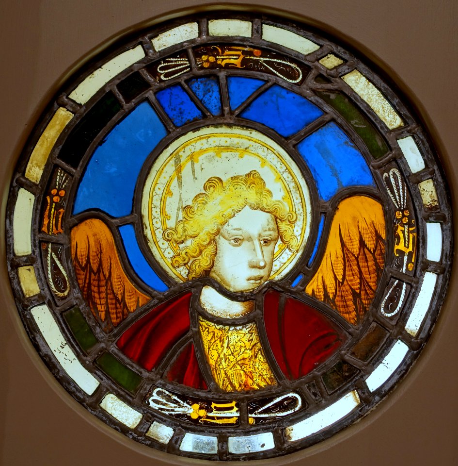 Composite panel with a haloed head, possibly that of an angel, English, perhaps Norfolk, 1400s, pot metal, glass, silver stain - Princeton University Art Museum - DSC06723