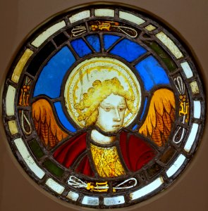 Composite panel with a haloed head, possibly that of an angel, English, perhaps Norfolk, 1400s, pot metal, glass, silver stain - Princeton University Art Museum - DSC06723
