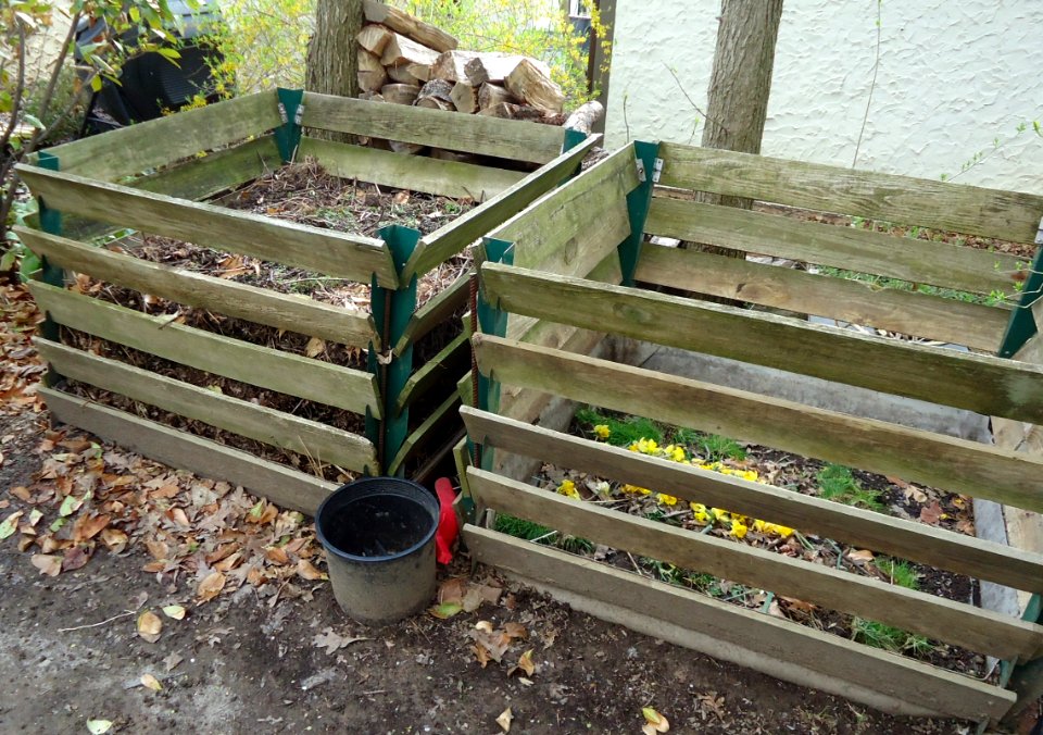 Composting containers in a New Jersey backyard