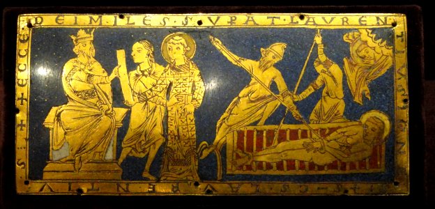Condemnation and Martyrdom of Saint Lawrence, about 1180 AD, German, Lower Saxony, perhaps Hildesheim, gilded copper and enamel - Cleveland Museum of Art - DSC08623