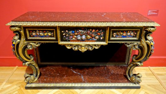 Console table by Robert Hume, Erlestoke Park, Wiltshie,, England, c, 1825, ebony, gilt bronze, lapis lazuli, agate, etc, velvet - California Palace of the Legion of Honor - San Francisco, CA - DSC02853
